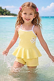 MonsterÇocuk - 🌼Papatya Nakış Detaylı, Dalgıç Kumaş, Kız Çocuk Şortlu Mayo